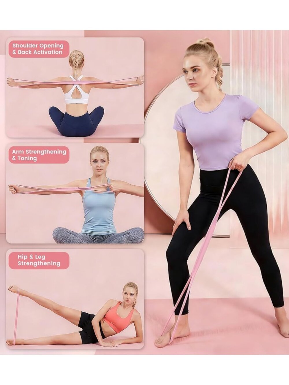 2 Pcs Figure 8 Resistance Pink/Grey Bands Set Yoga Stretch Workout - Picture 4 of 7